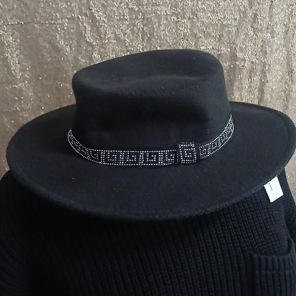 Bnwt Windsor Black Fedora with Crystal Beaded Band - 1 Sz Fits Most - Picture 2 of 7